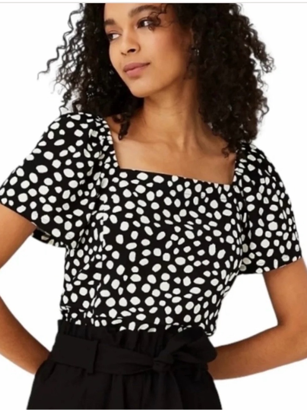 Ann Taylor Black and White Square-Neck Puff Sleeve Top